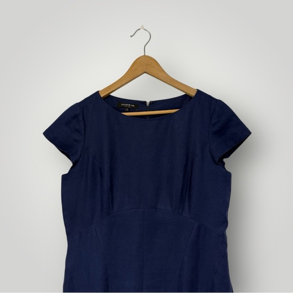 Lafayette 148 Navy Blue Linen Cap Sleeve Pleat Peplum Career Dress Sz 8 - Picture 2 of 9